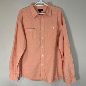 Lands End Mens XL Orange Linen Blend Micro Check Long Sleeve Button Down Shirt‎